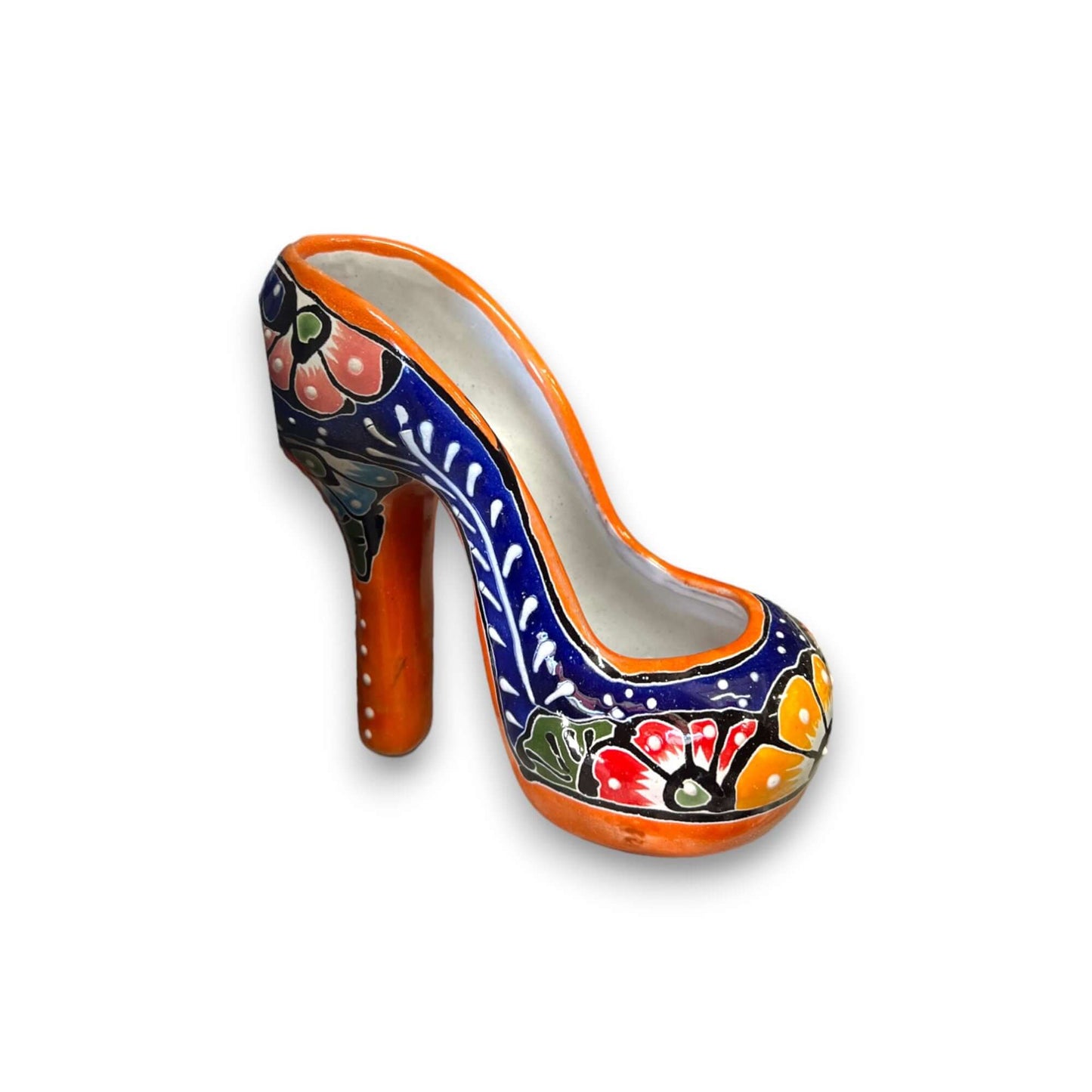 Talavera High Heel Statue | Colorful Handmade Mexican Decor - hand-painted Talavera ceramic high heel with floral design