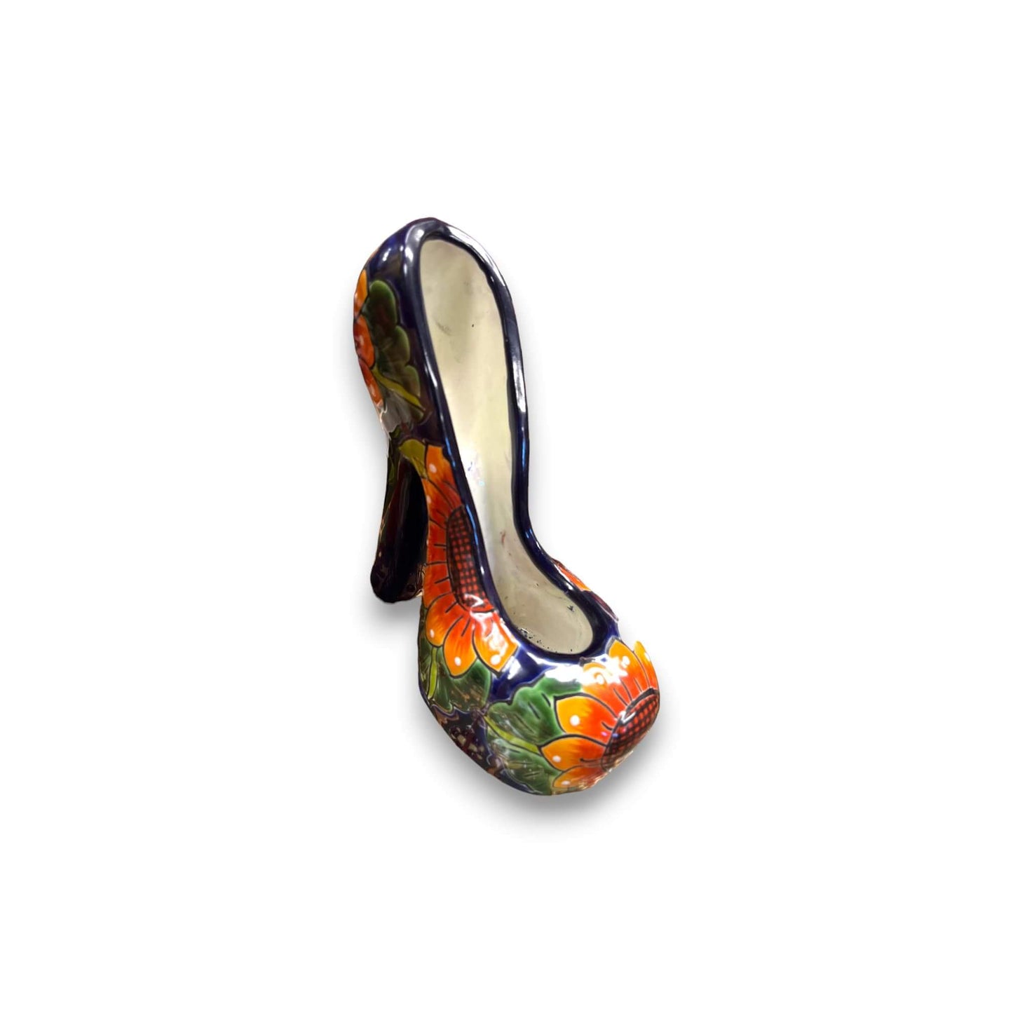 Colorful Talavera High Heel Statue | Handmade Mexican Home Decor hand-painted Talavera ceramic high heel with orange floral design
