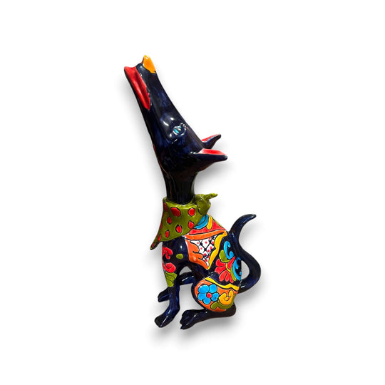 Talavera Howling Coyote Statue | Handmade Mexican Folk Art - hand-painted vibrant Talavera coyote figurine from Guanajuato, Mexico
