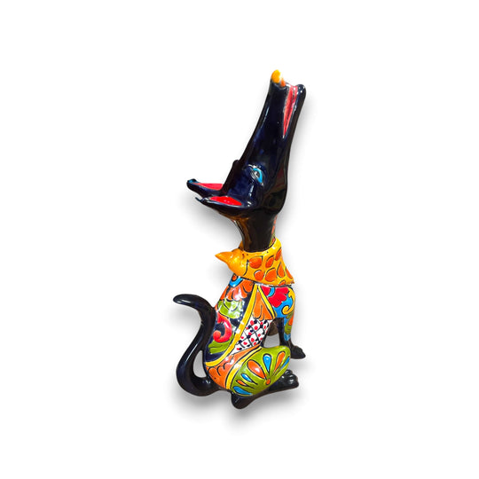 Talavera Howling Coyote Statue | Handmade Mexican Folk Art - hand-painted vibrant Talavera coyote with raised head, kiln-fired lead-free glaze, Guanajuato craft