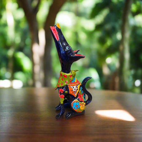 Talavera Howling Coyote Statue | Handmade Mexican Folk Art hand-painted colorful Talavera coyote statue from Guanajuato, Mexico, kiln-fired lead-free glaze