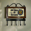 Talavera Key Holder | Handmade Mexican Wall Hook with hand‑painted Mi Casa Es Su Casa tile, wooden frame and five black metal hooks