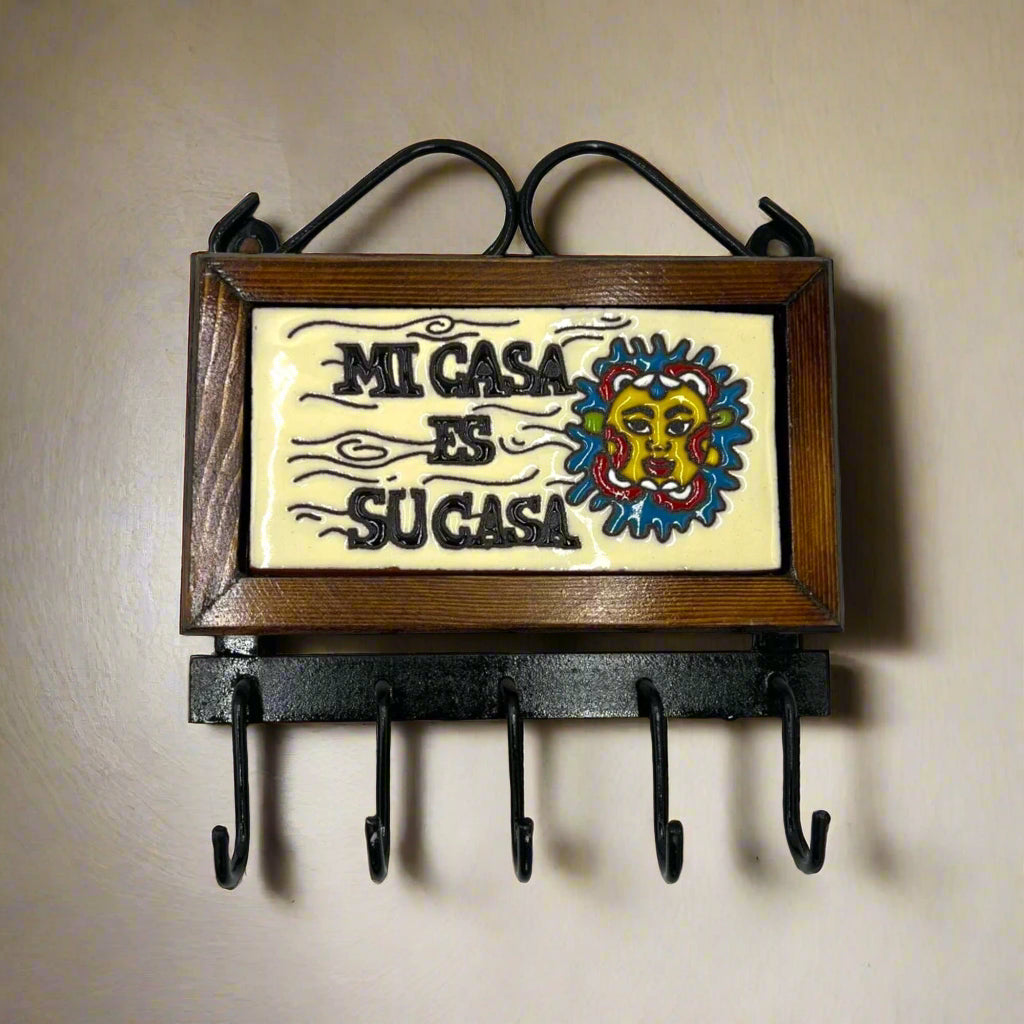 80s【イタリアンヴィンテージ】ボタニカル ウォールレター キーフック 飾り棚 Handmade Talavera Key Holder Framed Wood Hooks