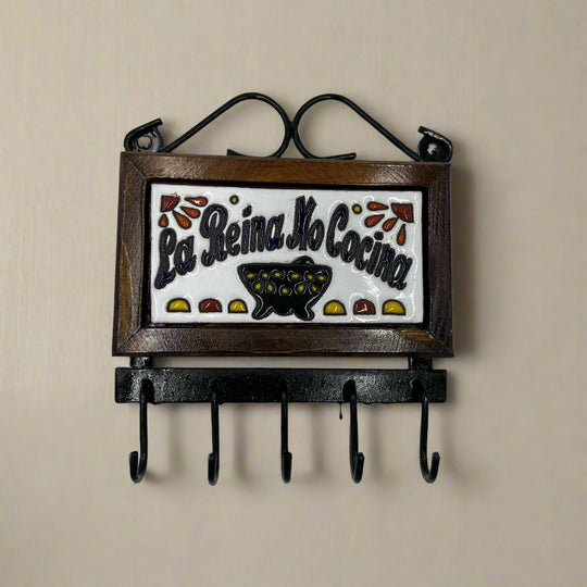 Talavera Key Holder | Handmade Mexican Wall Hook hand-painted tile with 'La Reina No Cocina' phrase, wooden frame and five black metal hooks