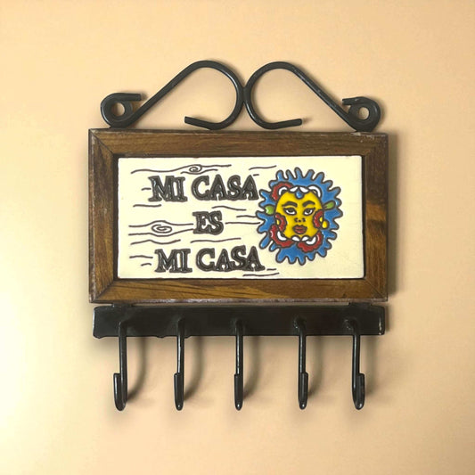 Talavera Key Holder | Handmade Mexican Wall Hook featuring hand-painted 'Mi Casa Es Mi Casa' tile, wood frame and five metal hooks
