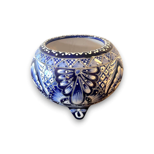 Handmade Talavera Molcajete Planter | Colorful Mexican Flower Pot - blue hand-painted three-legged ceramic planter from Guanajuato