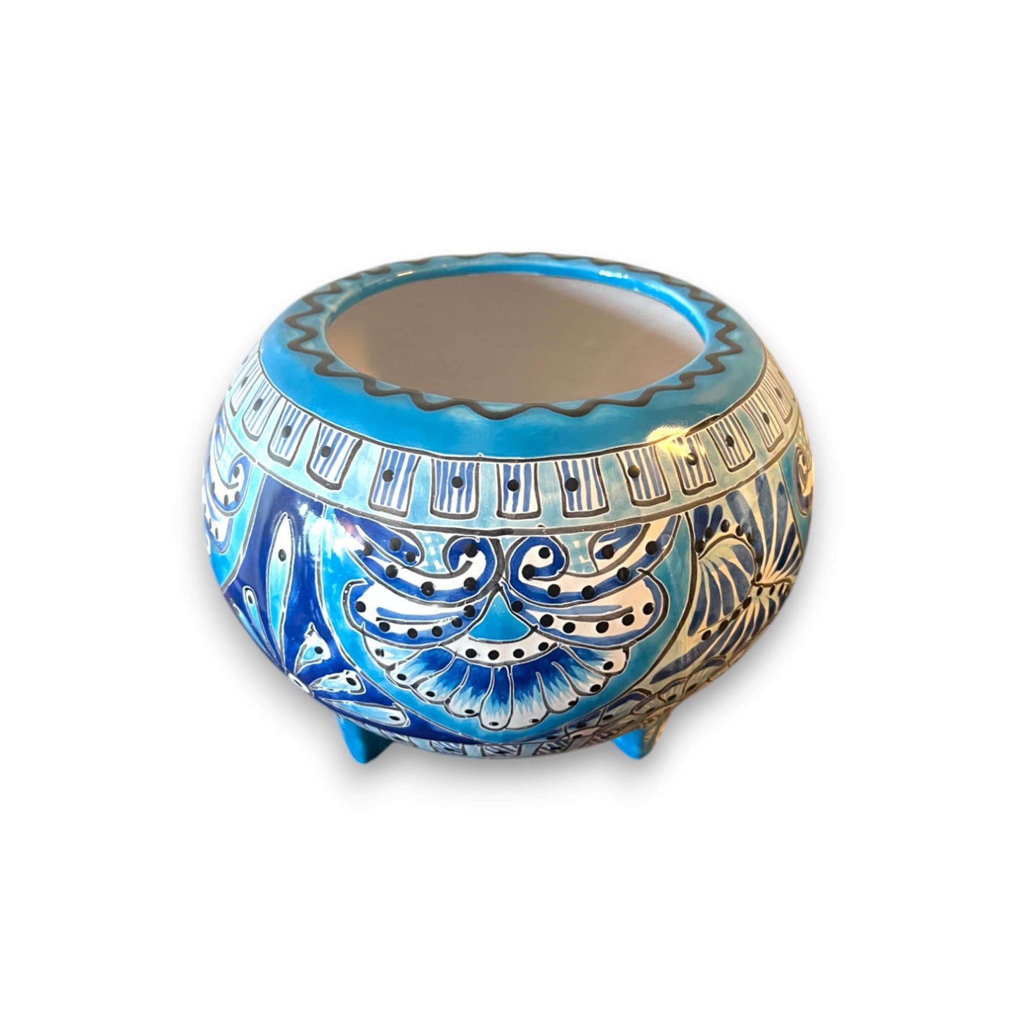 Handmade Talavera Molcajete Planter | Colorful Mexican Flower Pot - hand-painted blue Talavera molcajete planter with three legs