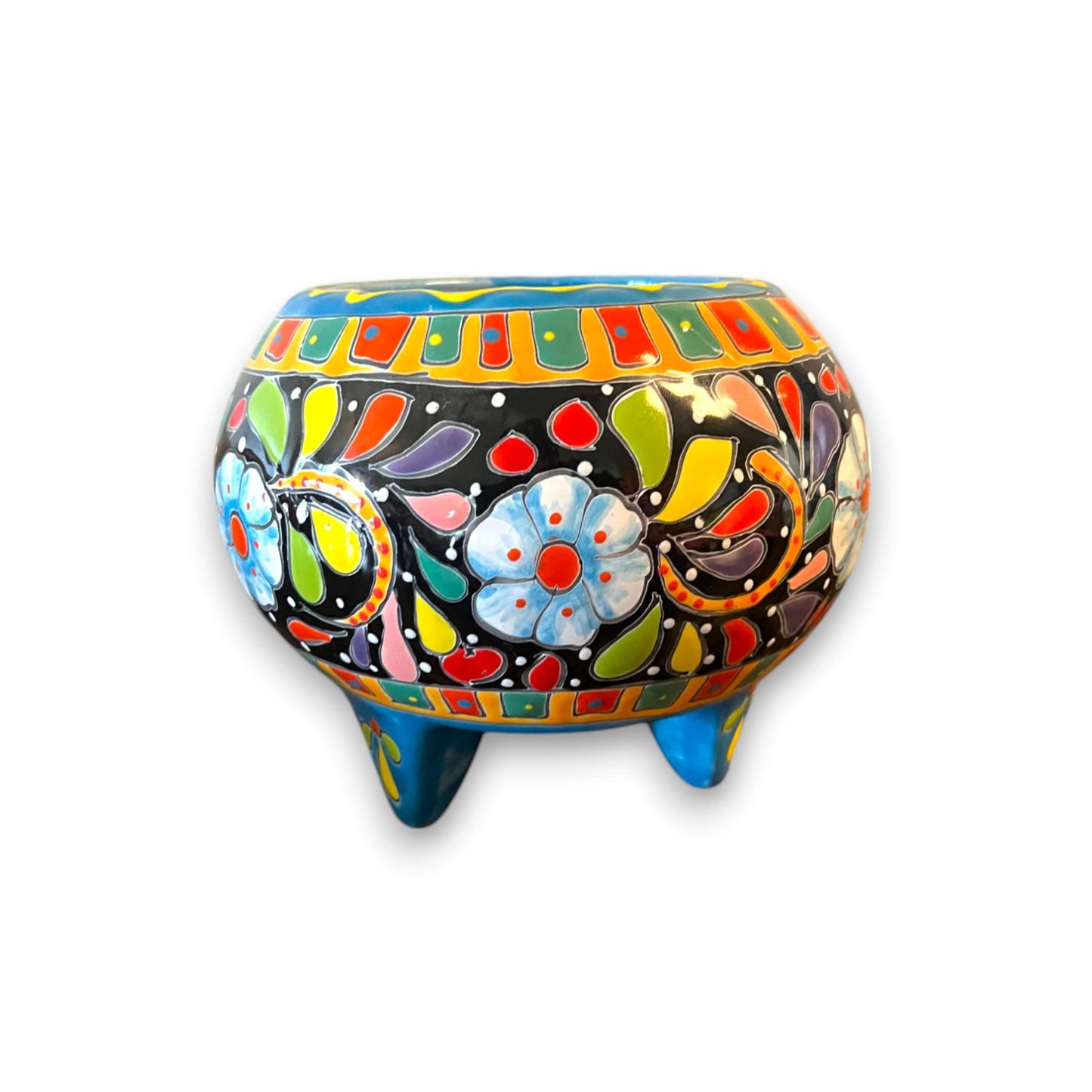 Handmade Talavera Molcajete Planter | Colorful Mexican Flower Pot vibrant hand-painted three-legged Talavera planter from Guanajuato, Mexico