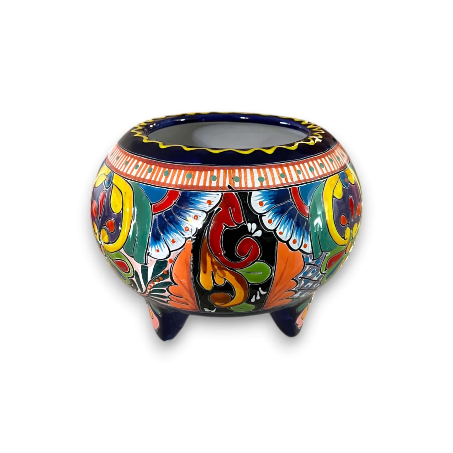 Handmade Talavera Molcajete Planter | Colorful Mexican Flower Pot - hand-painted three-legged Talavera planter from Guanajuato, vibrant floral design
