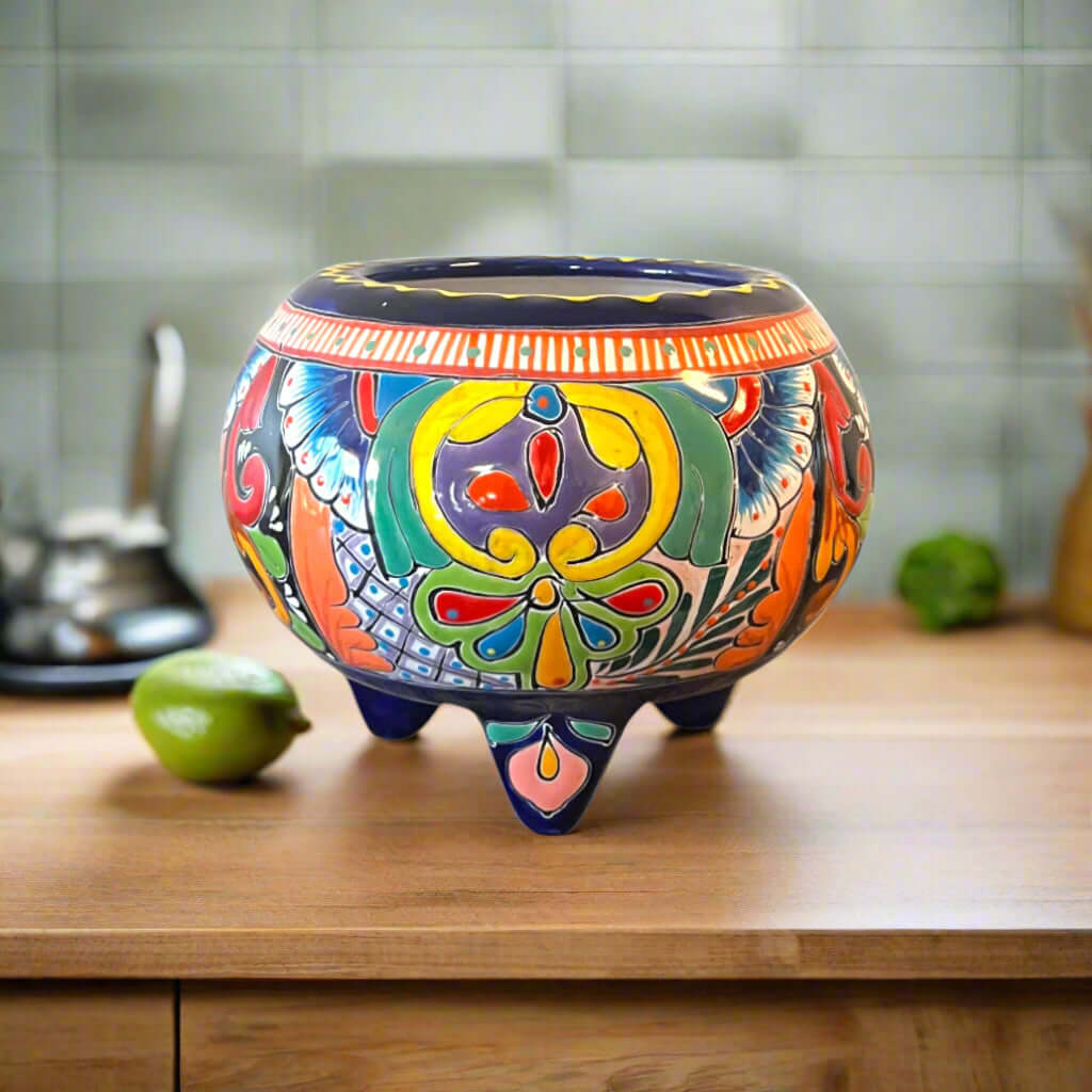 Handmade Talavera Molcajete Planter | Colorful Mexican Flower Pot hand-painted three-legged ceramic planter from Guanajuato, vibrant floral design