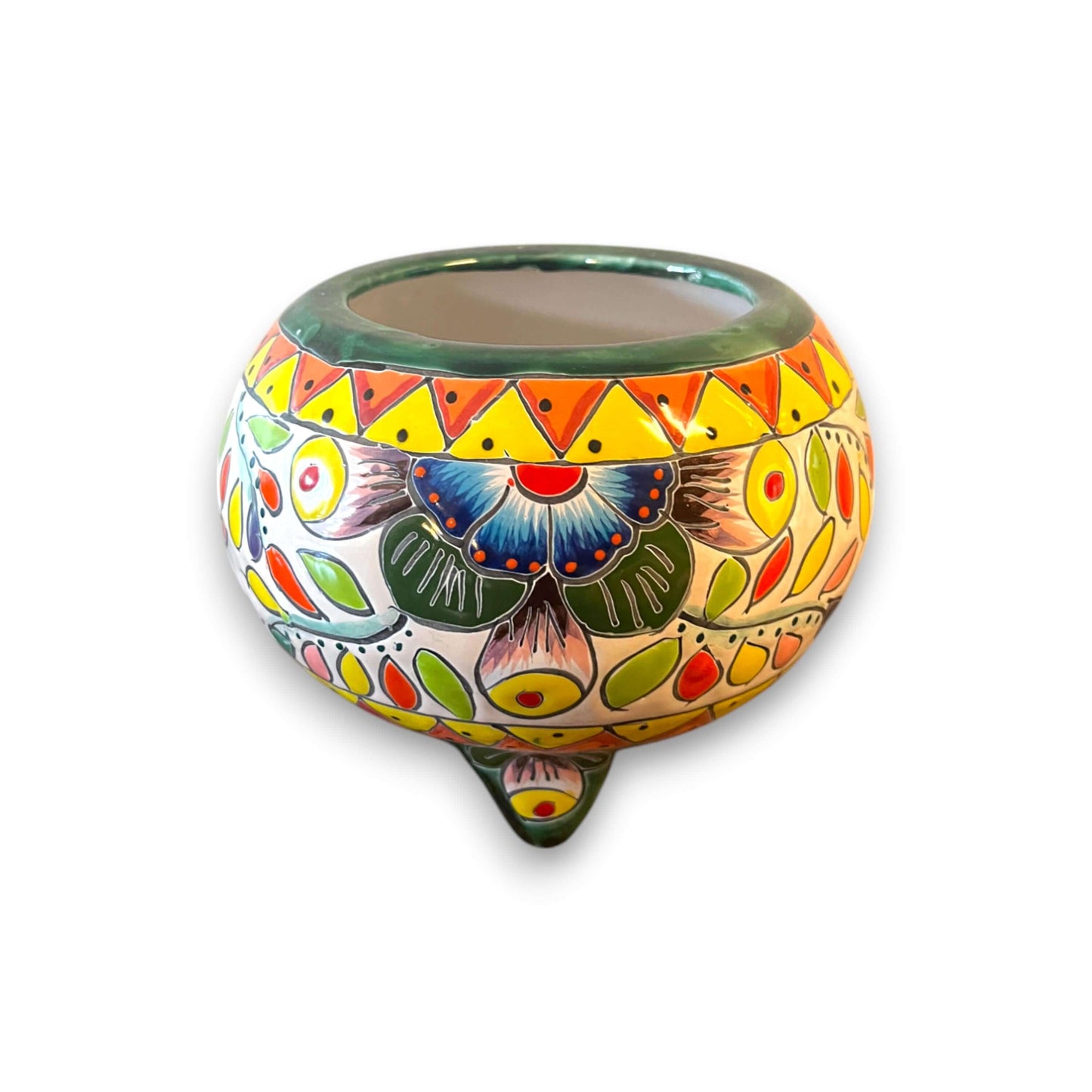 Handmade Talavera Molcajete Planter | Colorful Mexican Flower Pot hand-painted three-legged ceramic planter with vibrant floral Talavera design