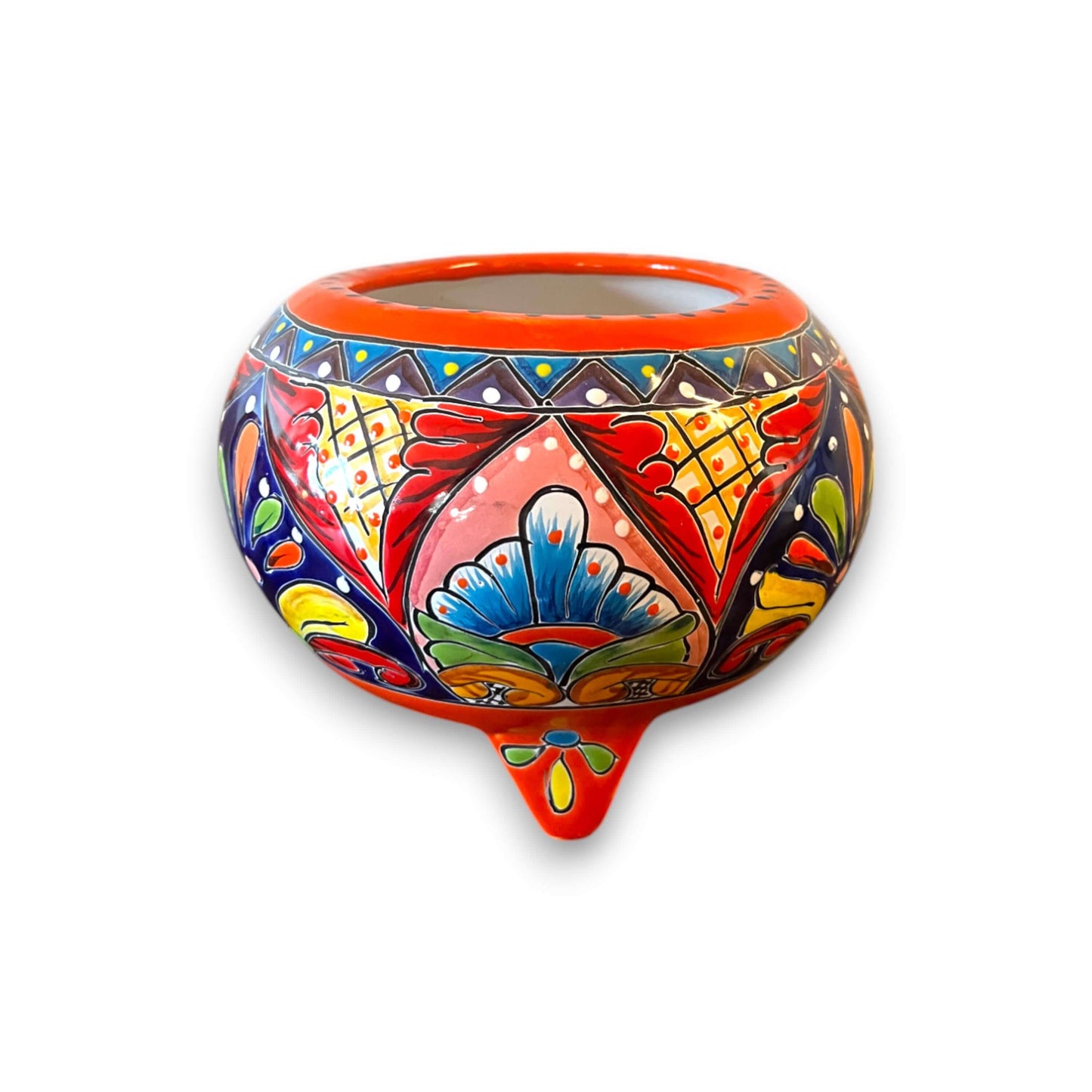 Handmade Talavera Molcajete Planter | Colorful Mexican Flower Pot - hand-painted talavera tripod planter from Guanajuato, vibrant lead-free glaze