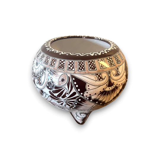 Handmade Talavera Molcajete Planter | Colorful Mexican Flower Pot - hand-painted brown and white three-legged Talavera planter from Guanajuato