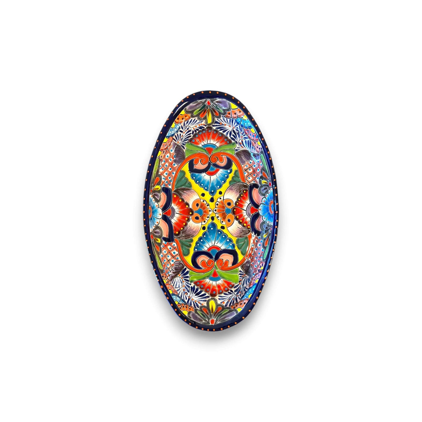 Talavera Oval Serving Platter | Cobalt-Blue Rim Kitchenware hand-painted oval platter with vibrant Talavera motifs and cobalt blue rim