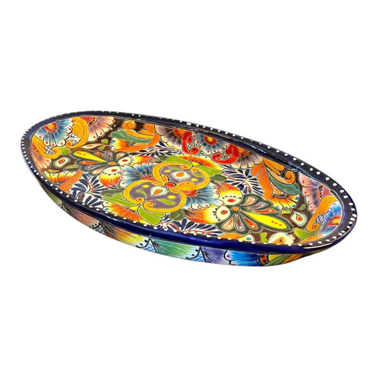 Talavera Oval Serving Platter | Cobalt-Blue Rim Kitchenware - hand-painted Talavera oval platter with vibrant cobalt-blue rim