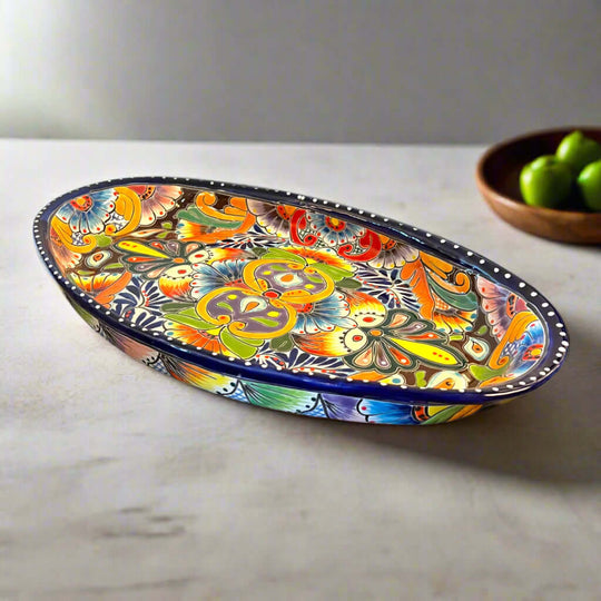 Talavera Oval Serving Platter | Cobalt-Blue Rim Kitchenware - hand-painted Talavera oval platter with vibrant cobalt-blue rim