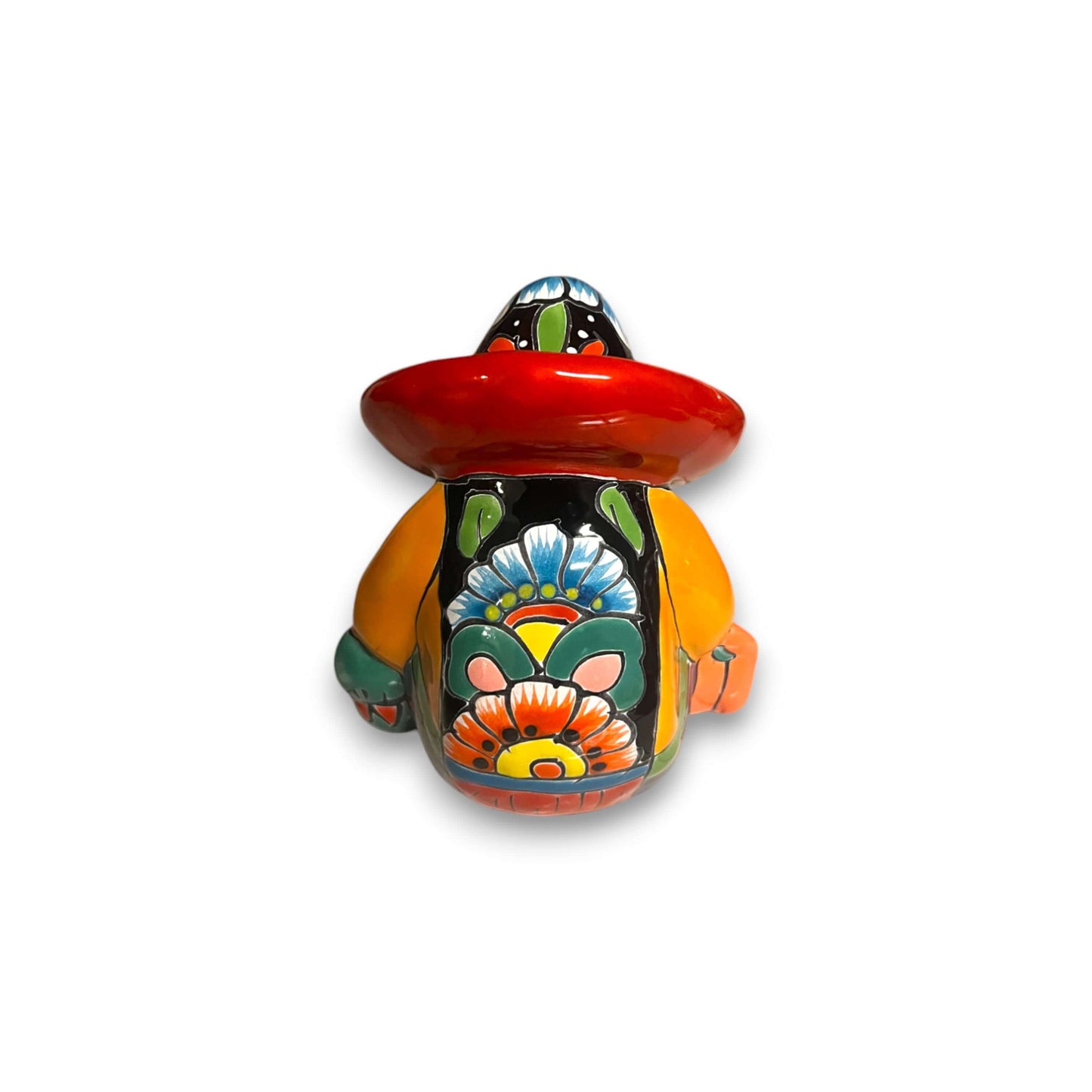 Handmade Talavera Panchito | Colorful Sleeping Man Figurine - hand-painted vibrant sleeping man with red sombrero and floral back
