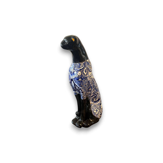 Handmade Talavera Panther Statue | Vibrant Mexican Folk Art - hand-painted blue patterned panther from Guanajuato, kiln-fired lead-free glaze