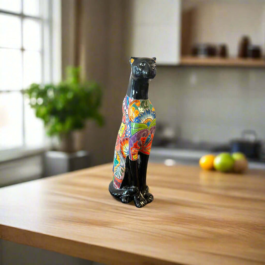Handmade Talavera Panther Statue - Mexican Art