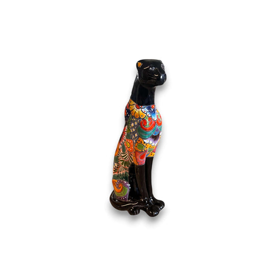 Handmade Talavera Panther Statue | Vibrant Mexican Folk Art - hand-painted black panther with colorful Talavera floral patterns, kiln-fired lead-free glaze