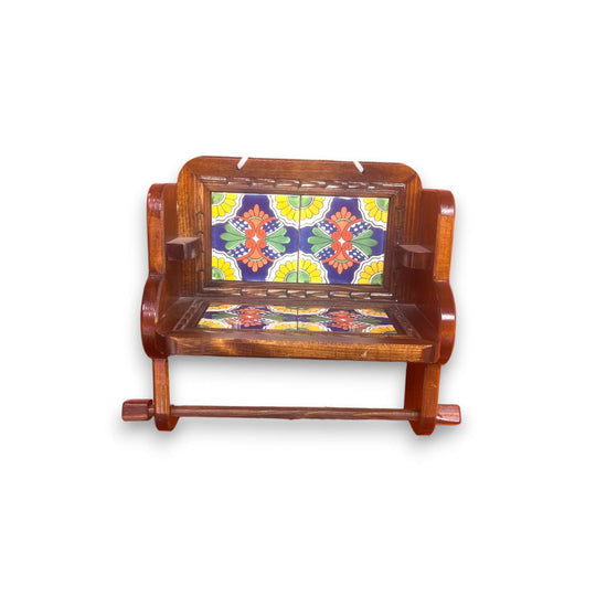 Personalized Talavera Wall Decor | Custom Paper Towel Holder wooden holder with colorful hand-painted Talavera tiles