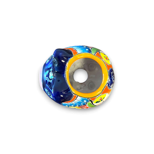 Mexican Talavera Pig Planter | Vibrant Handmade Ceramic Decor - top view of hand-painted blue and multicolor ceramic pig planter