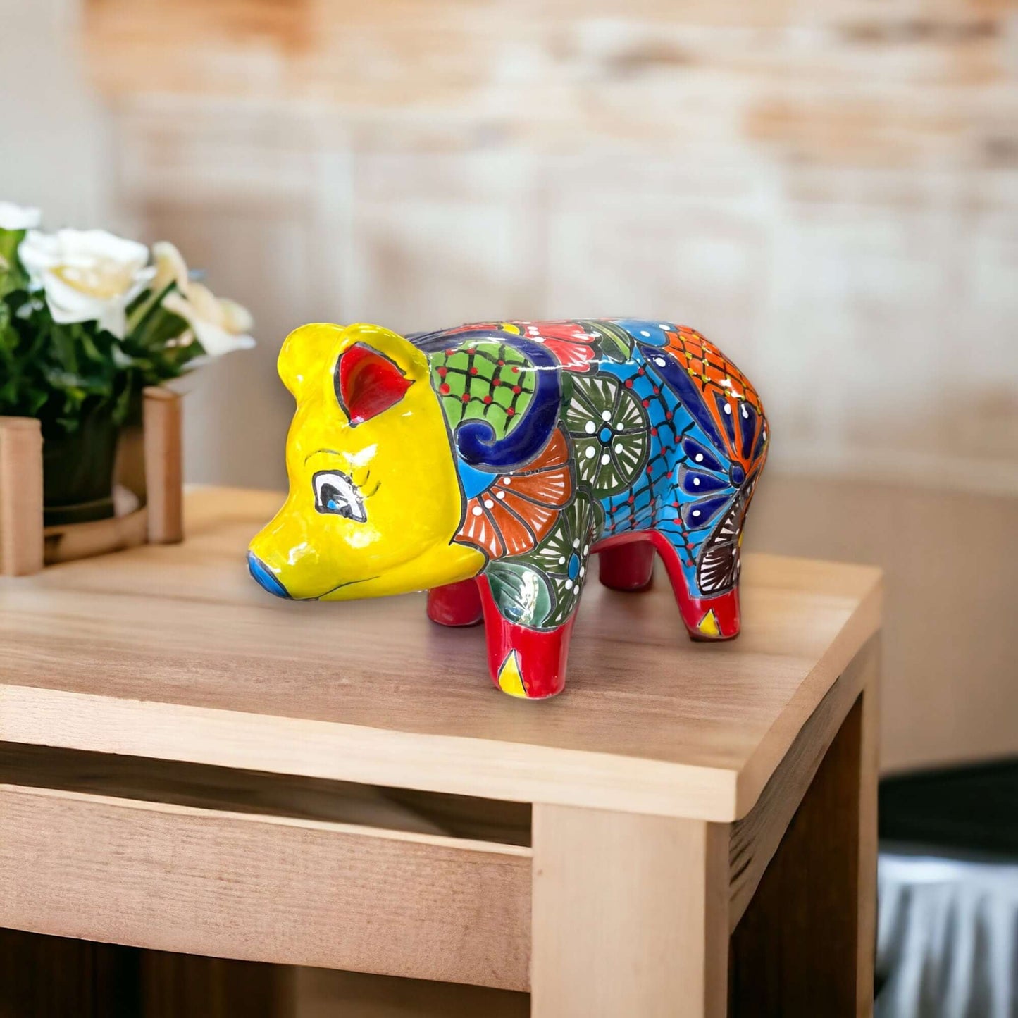 Vibrant Talavera Pig Statue | Colorful Handmade Mexican Animal Pottery (Medium) - hand-painted Talavera pig statue from Guanajuato, bright floral patterns