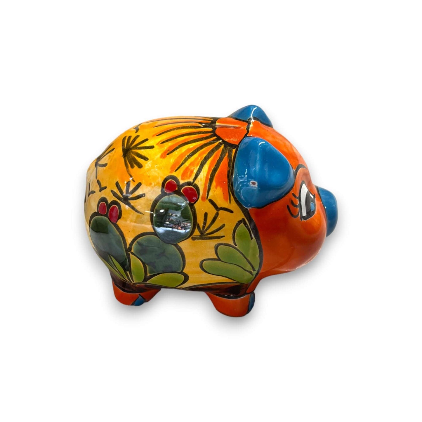 Vibrant Talavera Piggy Bank | Colorful Handmade Mexican Desert Theme (Medium) - hand-painted Talavera piggy bank with cactus desert motif