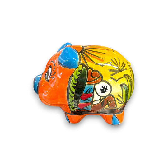 Vibrant Talavera Piggy Bank | Colorful Handmade Mexican Desert Theme (Medium) - hand-painted orange and yellow Talavera ceramic piggy bank