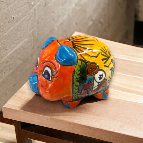 Vibrant Talavera Piggy Bank | Colorful Handmade Mexican Desert Theme (Medium) - hand-painted ceramic piggy bank with desert motif