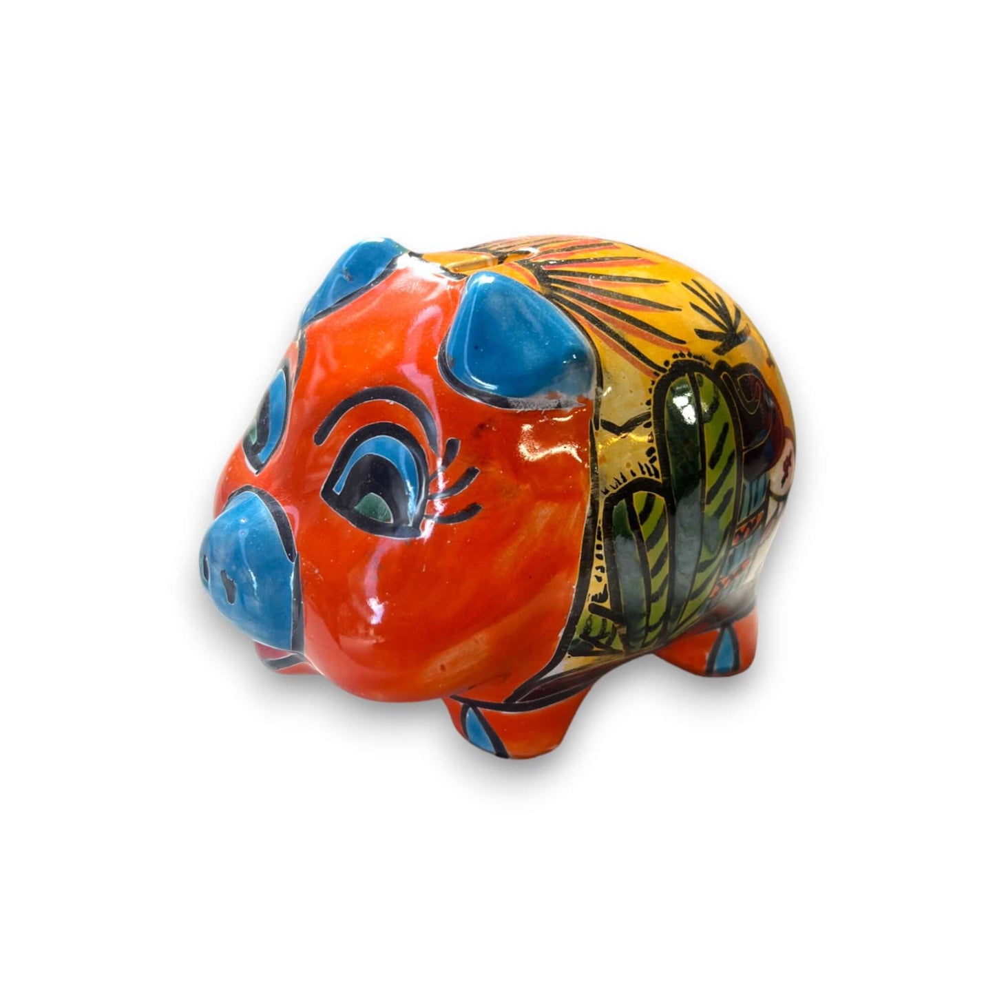 Vibrant Talavera Piggy Bank | Colorful Handmade Mexican Desert Theme (Medium) - bright hand-painted orange blue cactus design