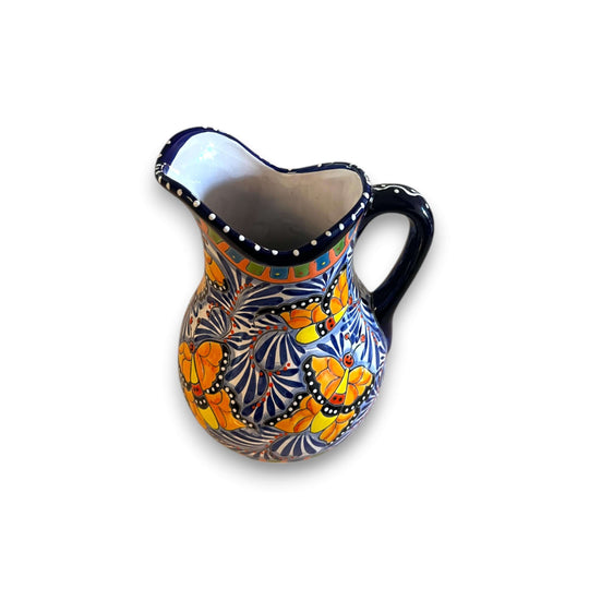 Handmade Talavera Pitcher | Mexican Ceramic Water Jug hand-painted blue and yellow floral butterfly design, kiln-fired, lead-free glaze, Guanajuato artisan