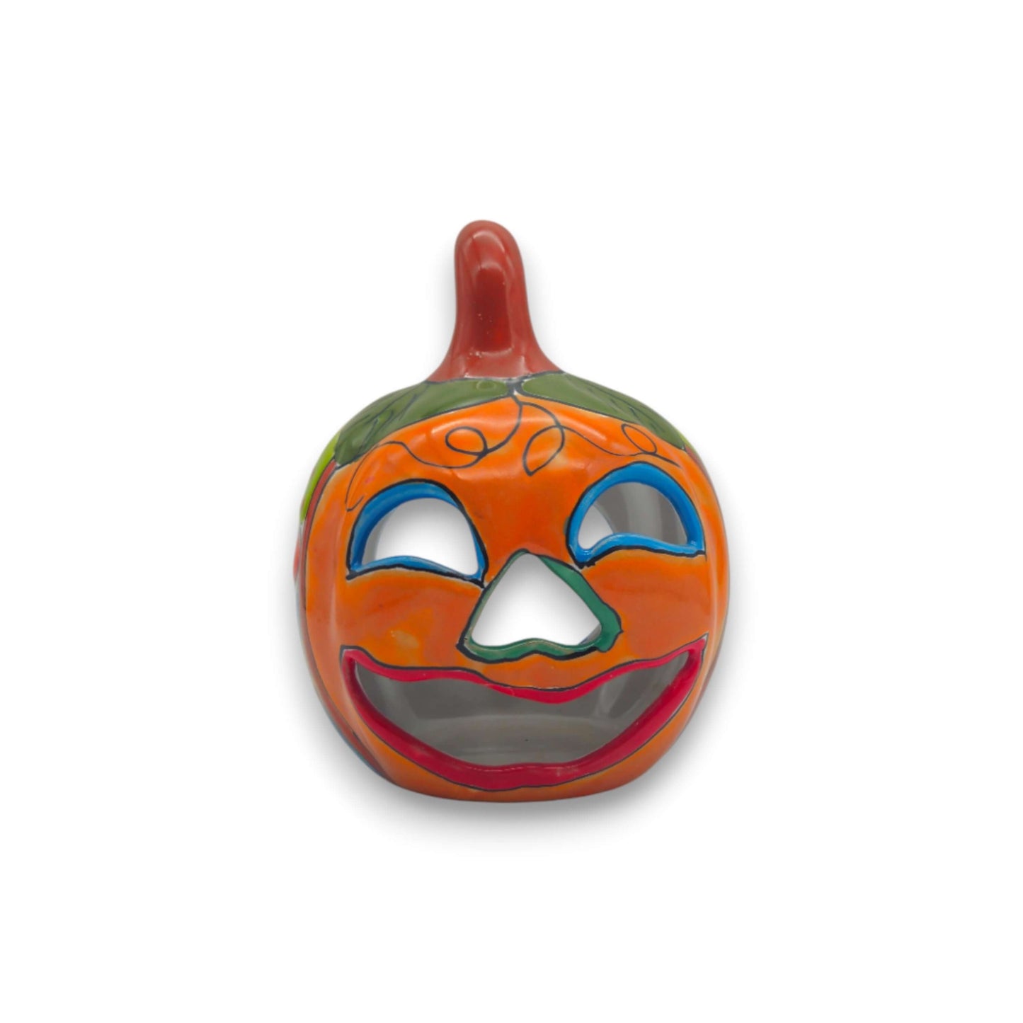 Handmade Talavera Pumpkin | Mexican Jack-O'-Lantern Decor - bright orange hand-painted Talavera pumpkin with green leaves and smiling cut-out face