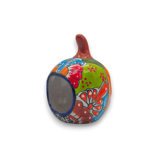 Handmade Talavera Pumpkin | Mexican Jack-O'-Lantern Decor - hand-painted bright orange pumpkin with green leaves and floral design