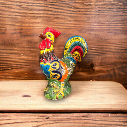 Talavera Rooster Statue | Colorful Handmade Mexican Farmhouse Decor - hand-painted Talavera rooster sculpture with vibrant floral motifs