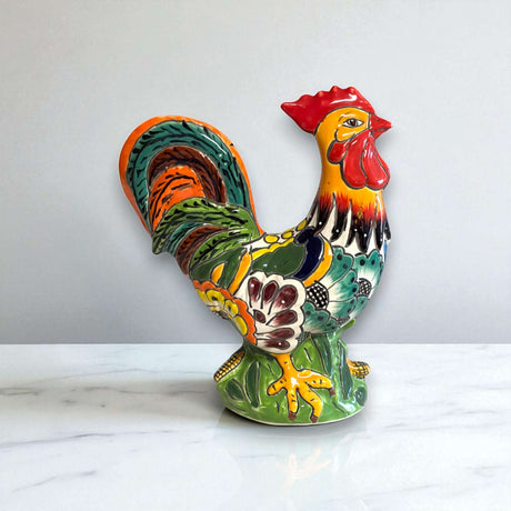 Talavera Rooster Statue | Colorful Handmade Mexican Farmhouse Decor hand-painted Talavera rooster sculpture from Guanajuato, vibrant farmhouse decor