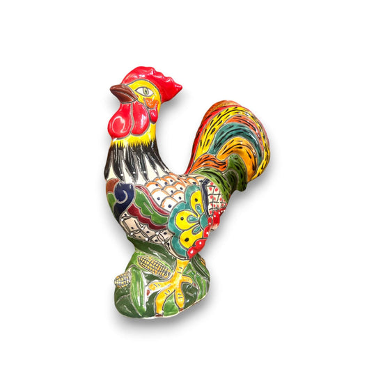 Talavera Rooster Statue | Colorful Handmade Mexican Farmhouse Decor - hand-painted Talavera rooster from Guanajuato with vibrant floral patterns