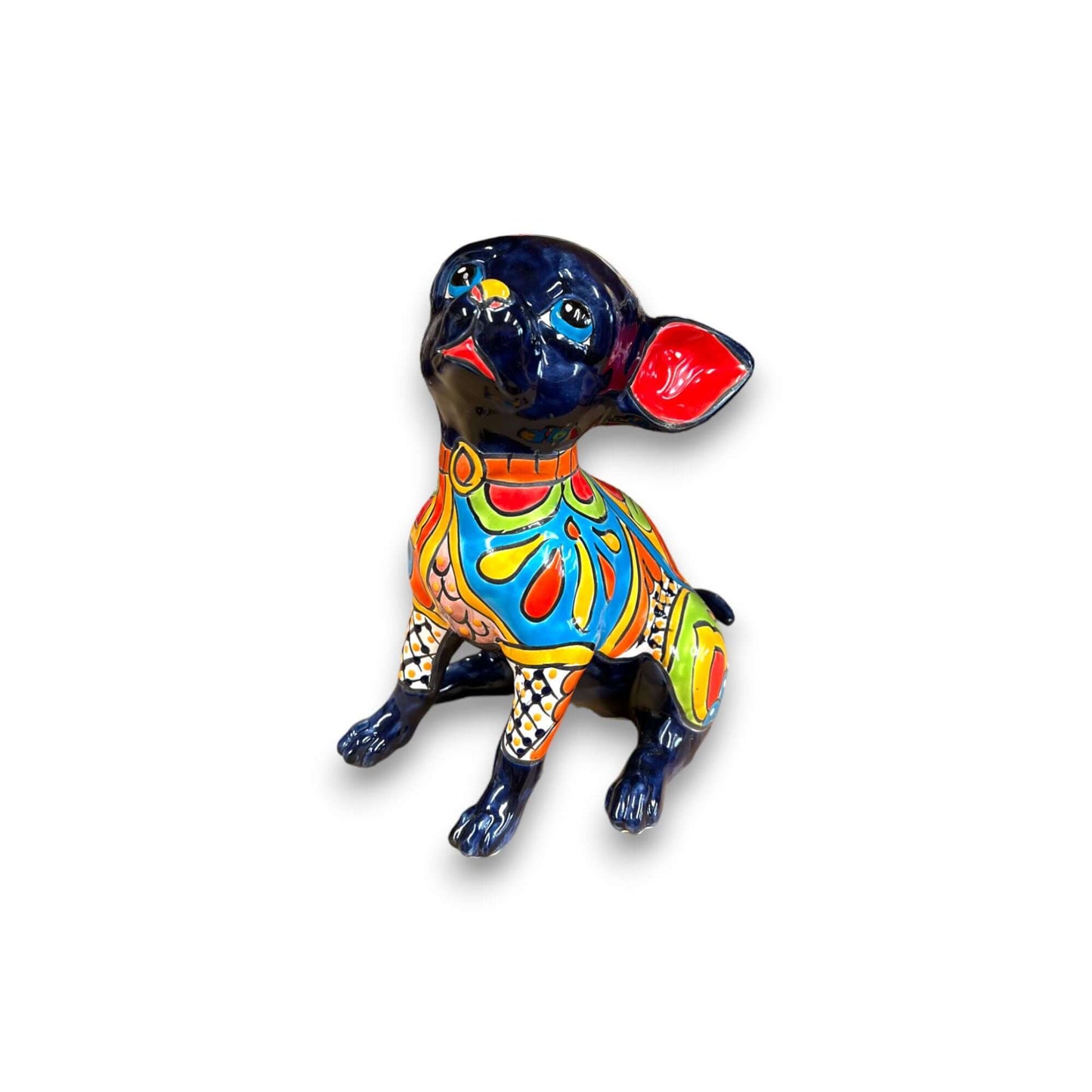 Talavera Chihuahua Statue | Sad Handmade Mexican Dog glossy black hand-painted Talavera chihuahua with colorful traditional patterns