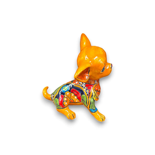 Talavera Chihuahua Statue | Sad Handmade Mexican Dog glossy hand-painted orange Talavera chihuahua with floral pattern
