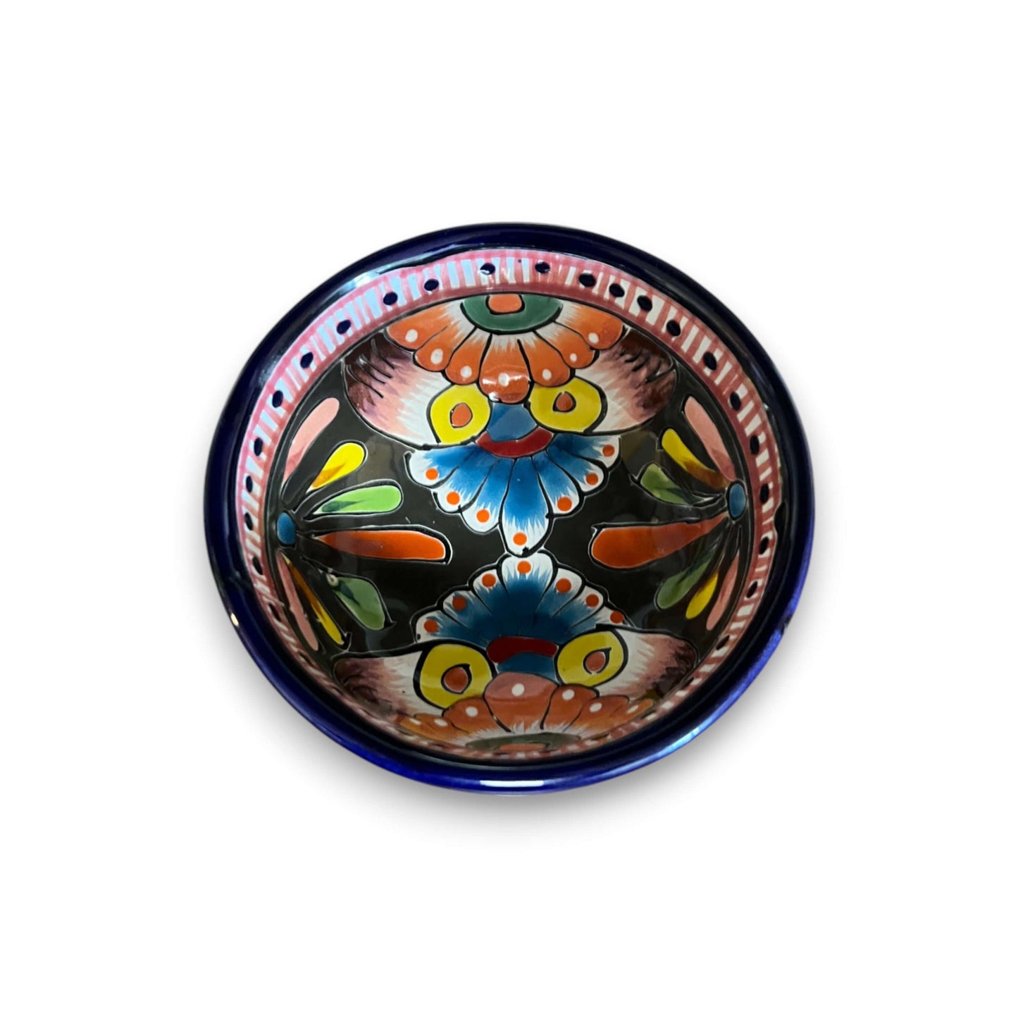 Talavera Salsa Bowl | Handmade Mexican Ceramic Sauce Dish - hand-painted three-legged Talavera sauce bowl with cobalt rim and colorful floral pattern
