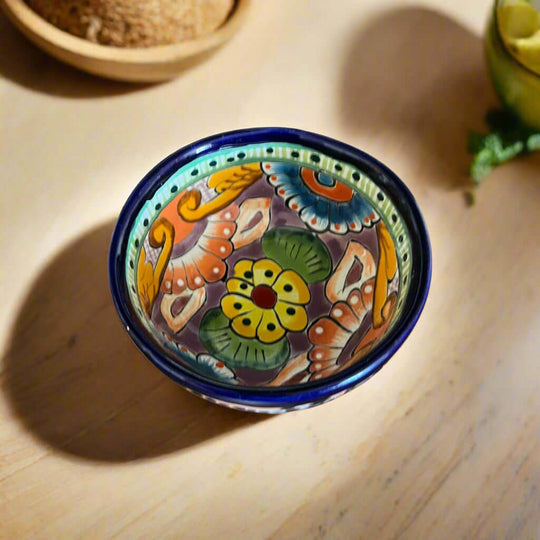 Talavera Salsa Bowl | Handmade Mexican Ceramic Sauce Dish - hand-painted three-legged Talavera bowl with cobalt rim and floral pattern