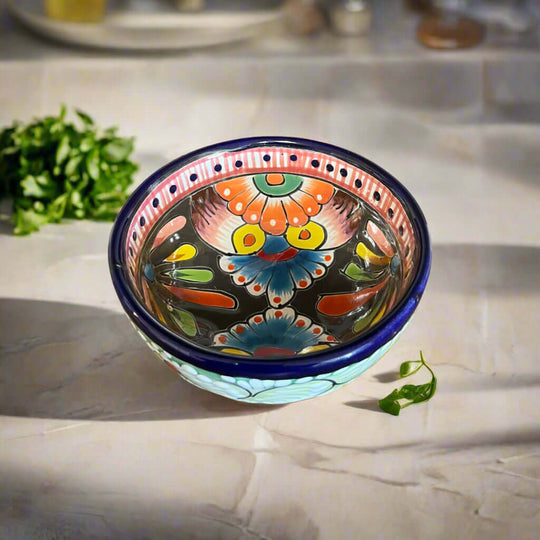 Talavera Salsa Bowl | Handmade Mexican Ceramic Sauce Dish hand-painted three-legged Talavera salsa bowl with cobalt rim and colorful floral pattern
