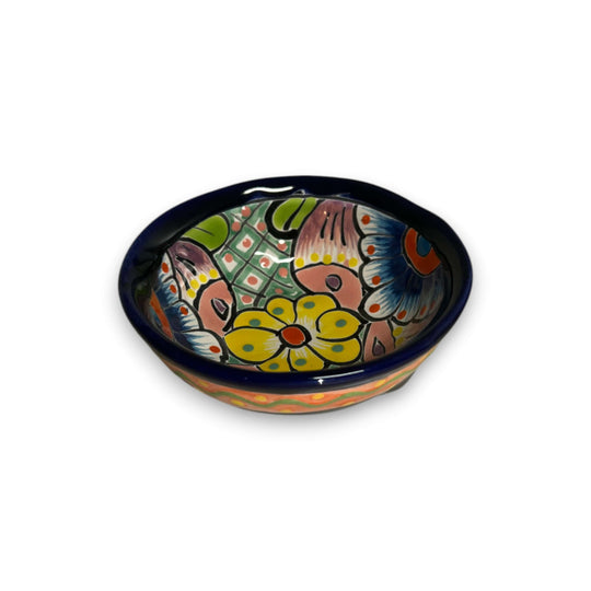 Small Talavera Salsa Bowl | Handmade Mexican Sauce Dish - hand-painted three-legged Talavera salsa bowl with cobalt rim and floral pattern