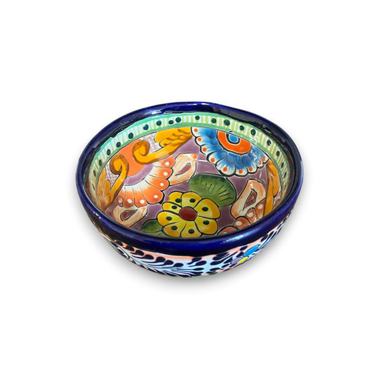 Talavera Salsa Bowl | Handmade Mexican Ceramic Sauce Dish - hand-painted three-legged Talavera sauce bowl with cobalt rim and colorful floral design