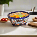 Talavera Salsa Bowl | Handmade Mexican Ceramic Sauce Dish - hand-painted three-legged Talavera sauce bowl with cobalt rim