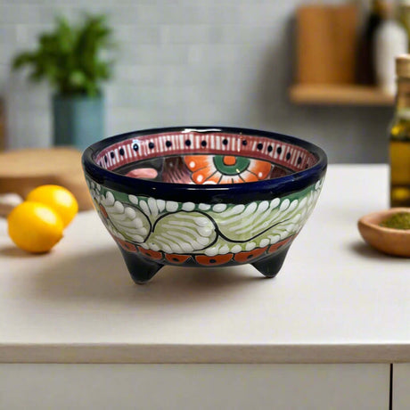 Talavera Salsa Bowl | Handmade Mexican Ceramic Sauce Dish - hand-painted three-legged Talavera sauce bowl with cobalt rim, lead-free glazed, rustic kitchen decor