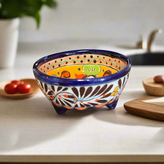 Talavera Salsa Bowl | Handmade Mexican Ceramic Sauce Dish - hand-painted three-legged Talavera sauce bowl with cobalt rim