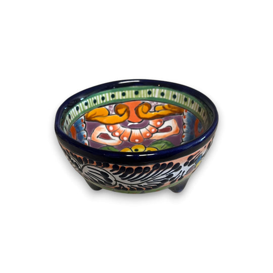 Talavera Salsa Bowl | Handmade Mexican Ceramic Sauce Dish - hand-painted three-legged Talavera sauce bowl with cobalt rim