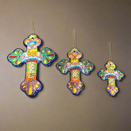 Set of 3 Talavera Wall Crosses | Handmade Mexican Ceramic Art - colorful hand-painted Talavera floral ceramic crosses hung on wall