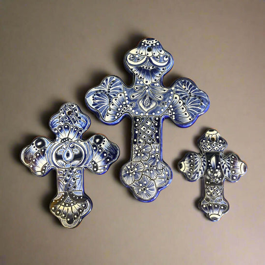Set of 3 Talavera Wall Crosses | Handmade Mexican Ceramic Art - blue hand-painted Talavera crosses, kiln-fired, lead-free glaze, handcrafted in Guanajuato